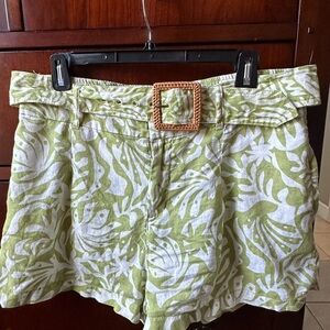Green and White Tropical Print Linen Shorts with Matching Belt